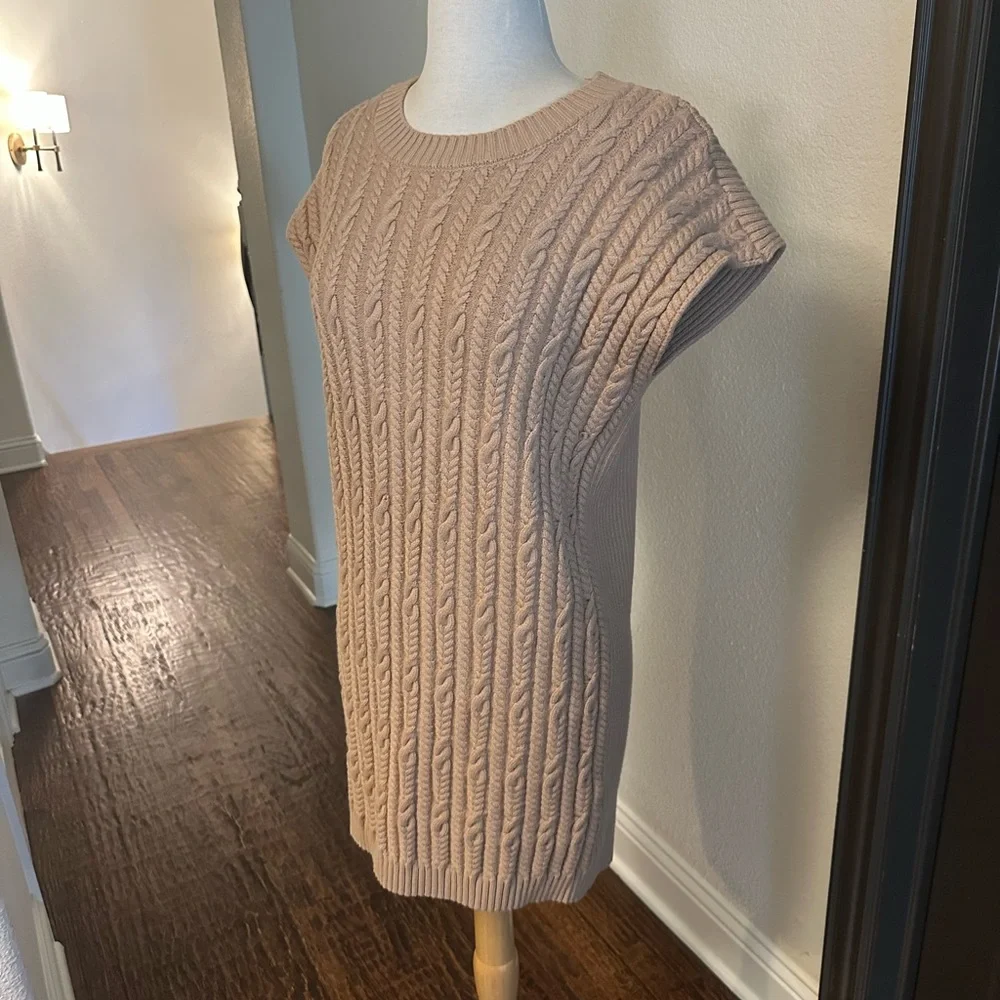 Entro Tan Sweater Dress with Crew Neck and Ribbed Knit - Picture 1 of 6